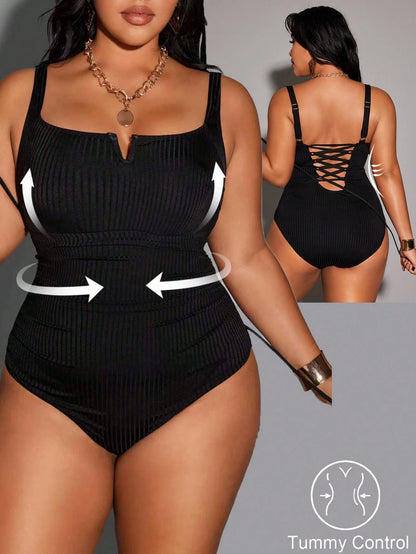 Shapewave Plus Size Solid Color Wide Ribbed Fabric Spaghetti Strap Criss-Cross Back Casual One-Piece Swimsuit
