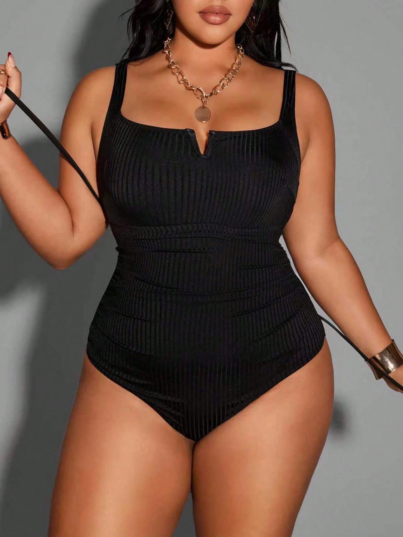 Shapewave Plus Size Solid Color Wide Ribbed Fabric Spaghetti Strap Criss-Cross Back Casual One-Piece Swimsuit