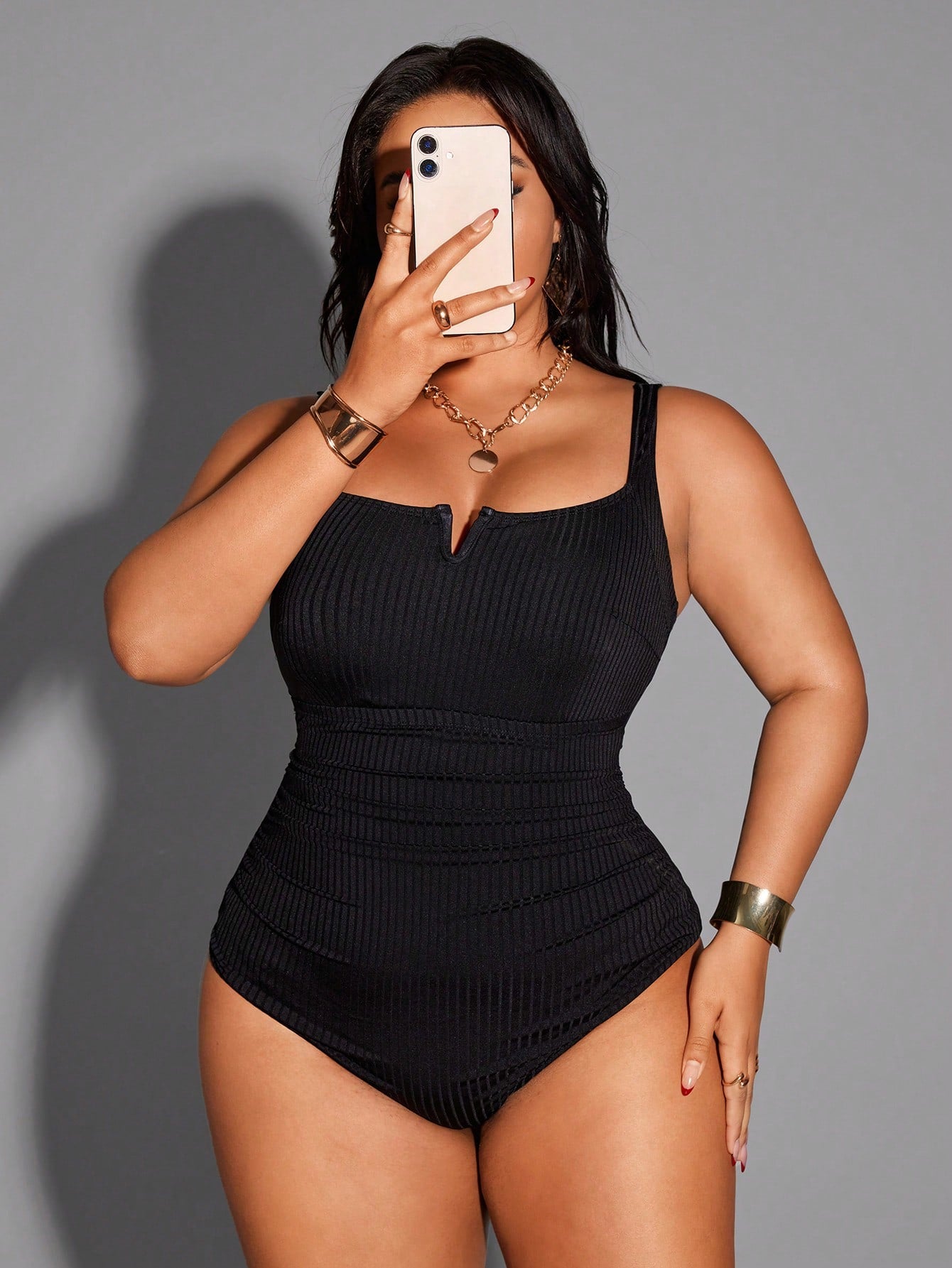 Shapewave Plus Size Solid Color Wide Ribbed Fabric Spaghetti Strap Criss-Cross Back Casual One-Piece Swimsuit
