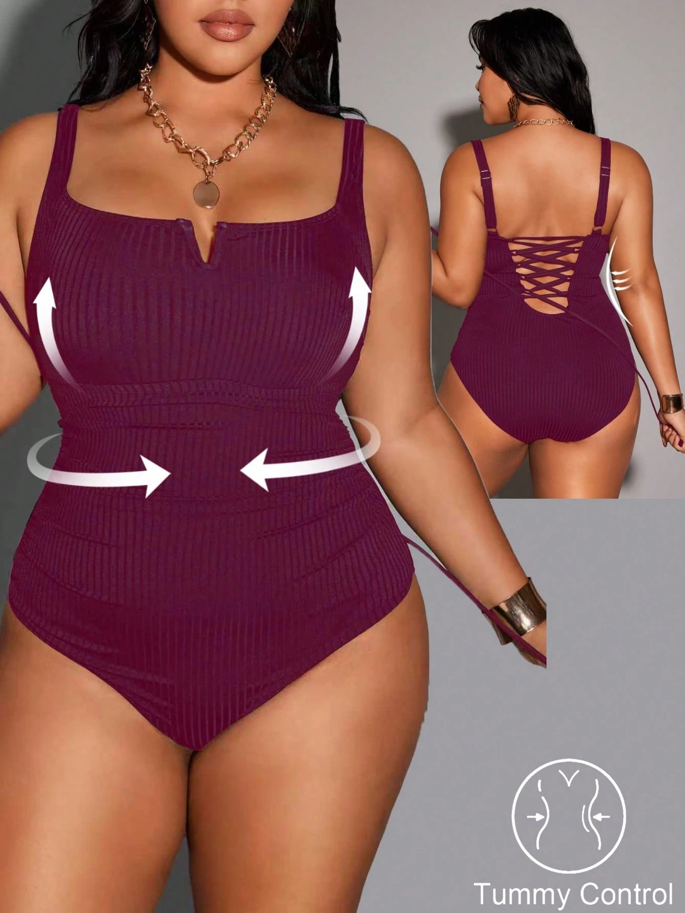Shapewave Plus Size Solid Color Wide Ribbed Fabric Spaghetti Strap Criss-Cross Back Casual One-Piece Swimsuit