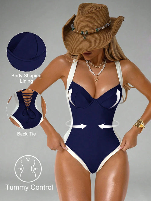 Shapewave Women's Tummy Control One-Piece Swimsuit With Side Splice, Push-Up, Slimming, Brown & Beige
