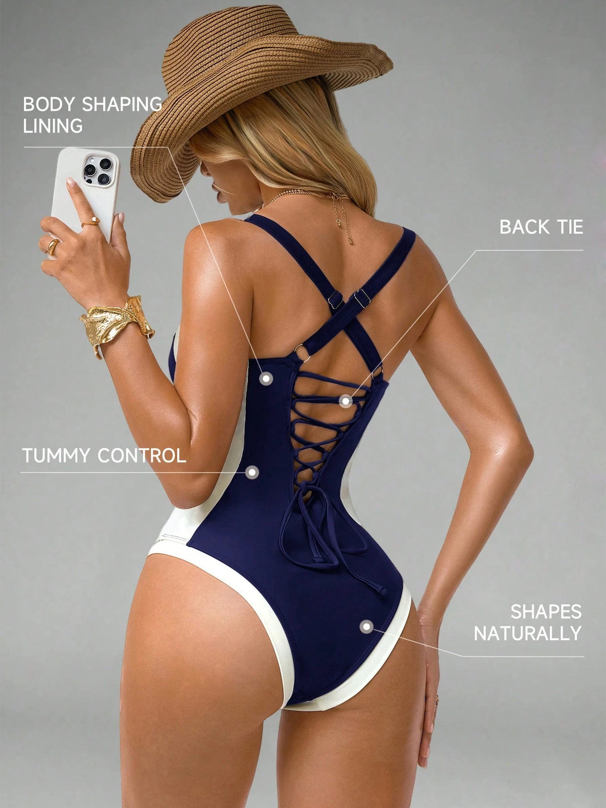 Shapewave Women's Tummy Control One-Piece Swimsuit With Side Splice, Push-Up, Slimming, Brown & Beige