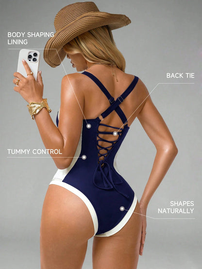 Shapewave Women's Tummy Control One-Piece Swimsuit With Side Splice, Push-Up, Slimming, Brown & Beige