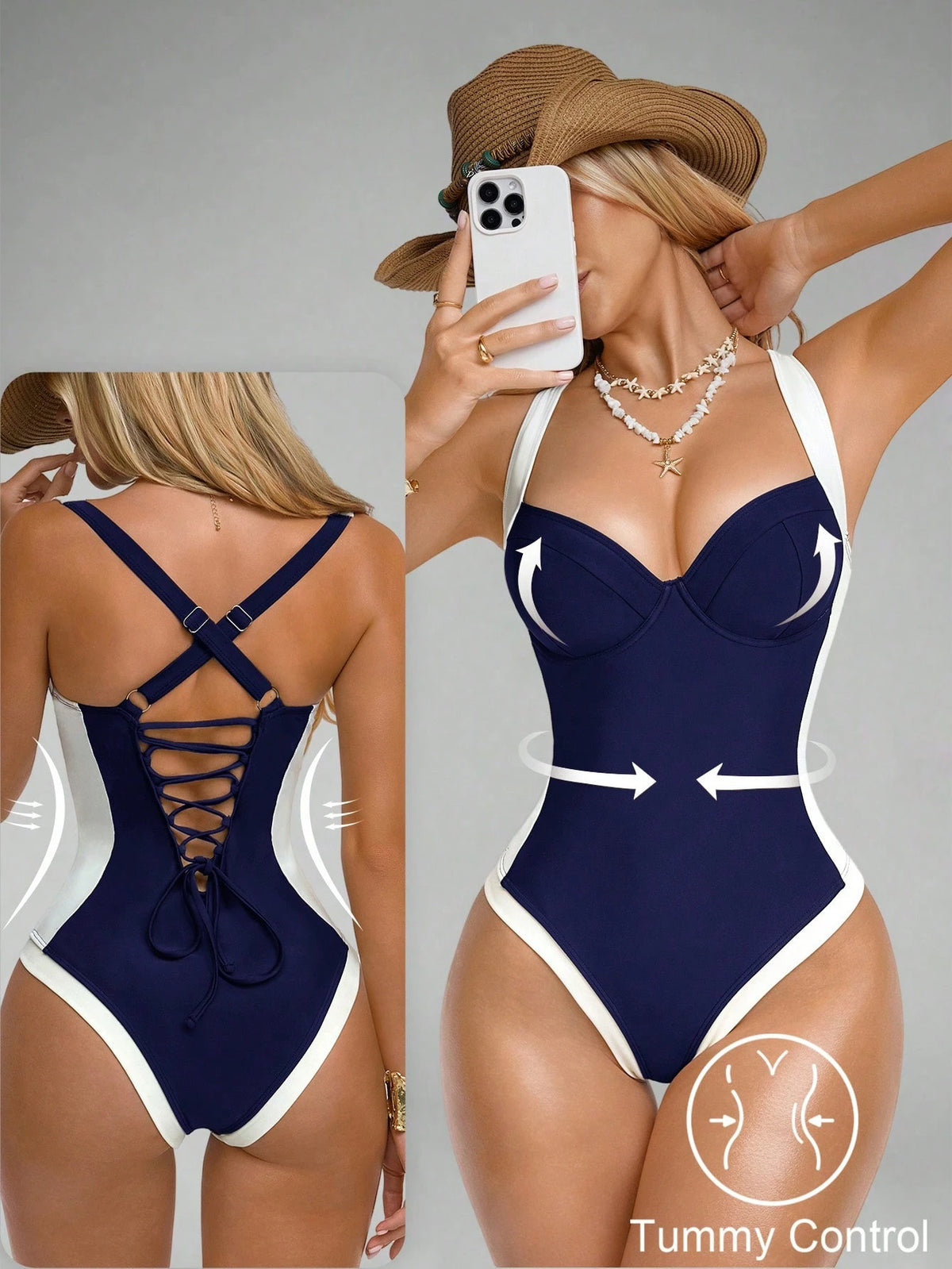 Shapewave Women's Tummy Control One-Piece Swimsuit With Side Splice, Push-Up, Slimming, Brown & Beige