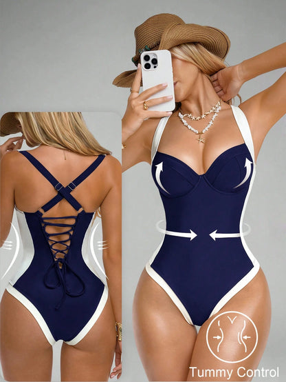 Shapewave Women's Tummy Control One-Piece Swimsuit With Side Splice, Push-Up, Slimming, Brown & Beige