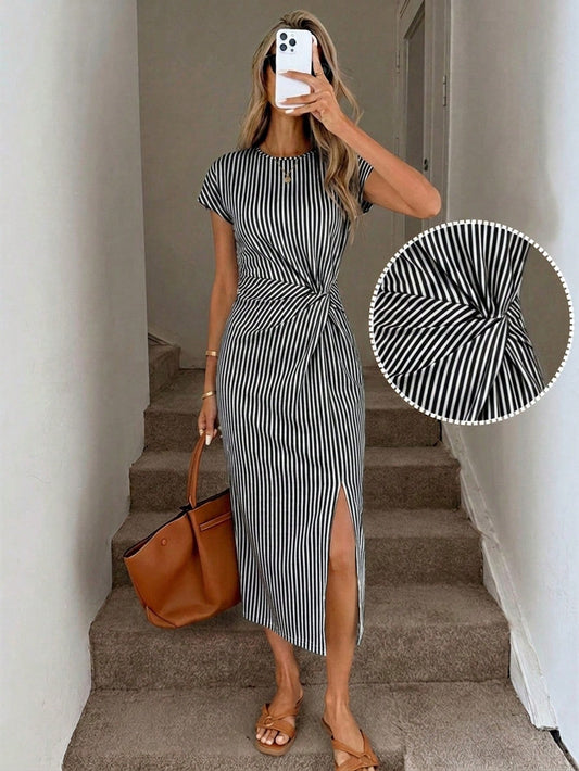 SHEIN LUNE Women's Black And White Striped Summer Casual Midi Dress,Elegant Twist Waist High Slit Sleeveless Bodycon Wedding Guest Office Wear,City Break Outfit