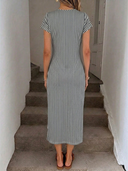 SHEIN LUNE Women's Black And White Striped Summer Casual Midi Dress,Elegant Twist Waist High Slit Sleeveless Bodycon Wedding Guest Office Wear,City Break Outfit