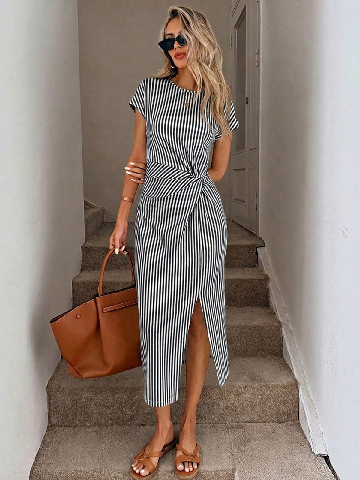 SHEIN LUNE Women's Black And White Striped Summer Casual Midi Dress,Elegant Twist Waist High Slit Sleeveless Bodycon Wedding Guest Office Wear,City Break Outfit