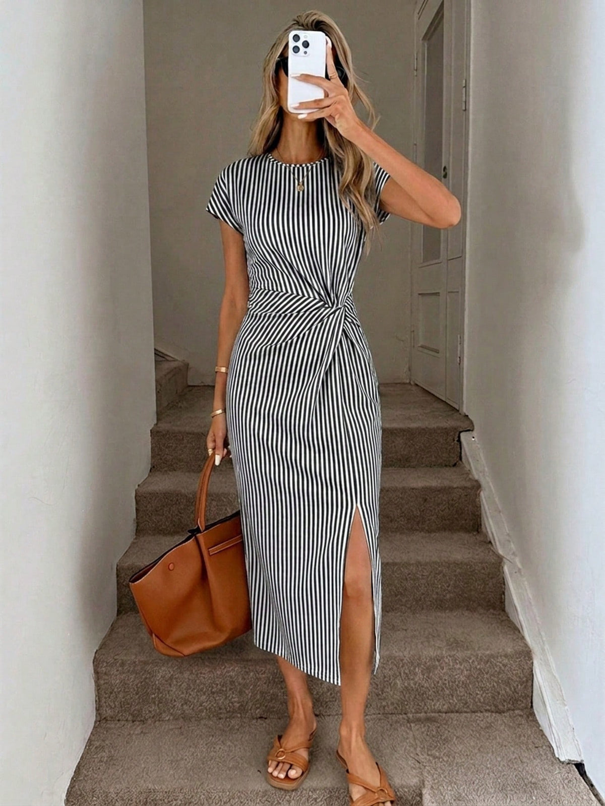 SHEIN LUNE Women's Black And White Striped Summer Casual Midi Dress,Elegant Twist Waist High Slit Sleeveless Bodycon Wedding Guest Office Wear,City Break Outfit