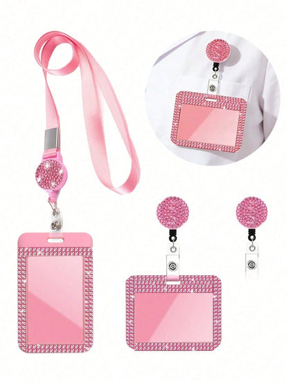 Shiny ID Card Holder With Lanyard, ID Card Storage Box, Anti-Loss Lanyard, Student ID Card Holder, Self-Service Restaurant Card Holder, Slide Cover, Dual Card Slot, Small Card Slot, Bus Card Holder, N