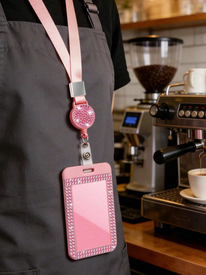Shiny ID Card Holder With Lanyard, ID Card Storage Box, Anti-Loss Lanyard, Student ID Card Holder, Self-Service Restaurant Card Holder, Slide Cover, Dual Card Slot, Small Card Slot, Bus Card Holder, N
