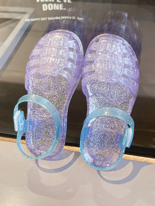 Shiny Kids Flat Jelly Princess Sandals, Girls Outdoor Casual Breathable Color Block Beach Shoes, Summer