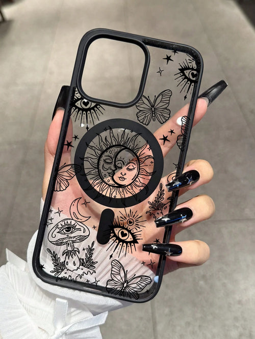 Shockproof Magnetic Fashion Creative Acrylic Mystical Line Art Personalized Pattern Magnetic Wireless Charging Anti-Drop Phone Case Compatible With IPhone 16 15 14 13 12 11 Pro Max, 1pc Transparent Ap