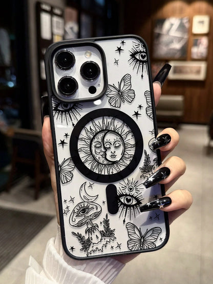 Shockproof Magnetic Fashion Creative Acrylic Mystical Line Art Personalized Pattern Magnetic Wireless Charging Anti-Drop Phone Case Compatible With IPhone 16 15 14 13 12 11 Pro Max, 1pc Transparent Ap