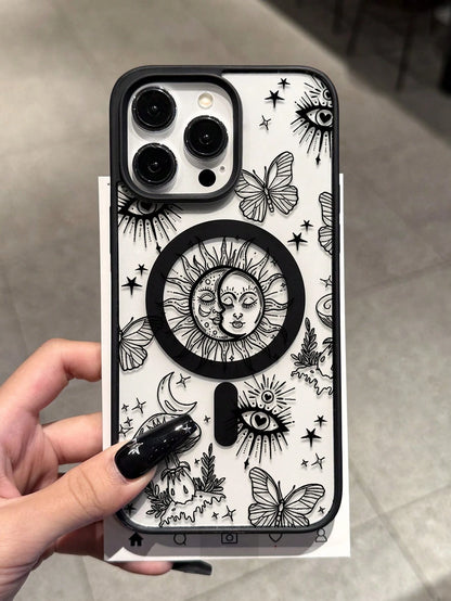 Shockproof Magnetic Fashion Creative Acrylic Mystical Line Art Personalized Pattern Magnetic Wireless Charging Anti-Drop Phone Case Compatible With IPhone 16 15 14 13 12 11 Pro Max, 1pc Transparent Ap