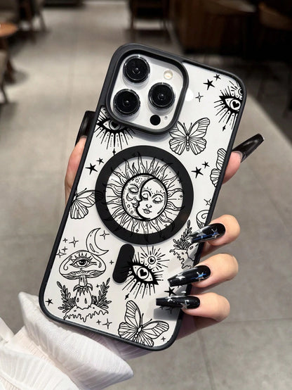 Shockproof Magnetic Fashion Creative Acrylic Mystical Line Art Personalized Pattern Magnetic Wireless Charging Anti-Drop Phone Case Compatible With IPhone 16 15 14 13 12 11 Pro Max, 1pc Transparent Ap