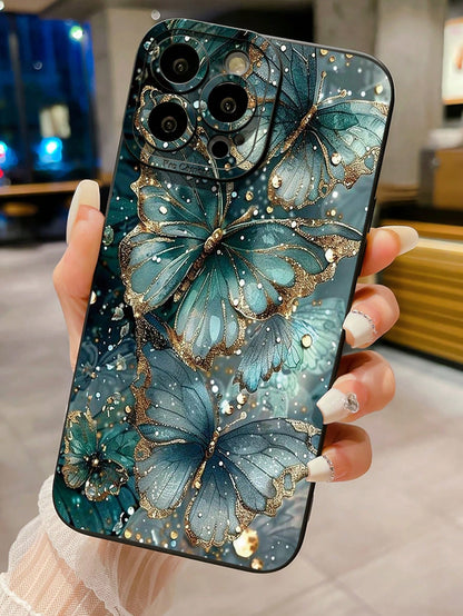 Shockproof Sparkling Rhinestone 1pc Jade Butterfly Design Phone Case Compatible With Apple, Compatible With Galaxy, Compatible With Infinix, Compatible With Redmi, Compatible With OPPO, Compatible Wit