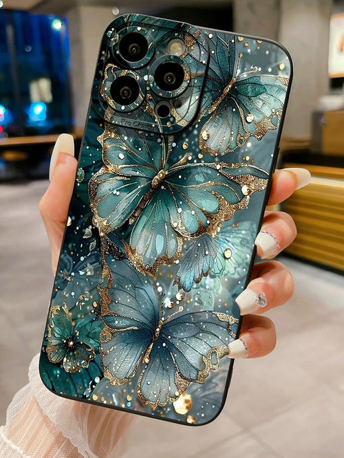 Shockproof Sparkling Rhinestone 1pc Jade Butterfly Design Phone Case Compatible With Apple, Compatible With Galaxy, Compatible With Infinix, Compatible With Redmi, Compatible With OPPO, Compatible Wit