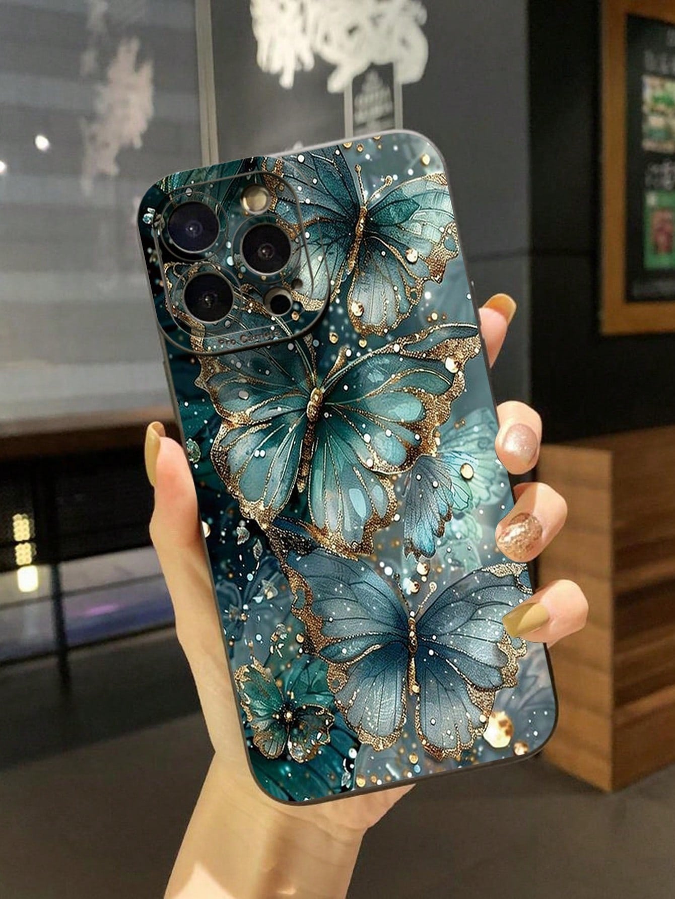 Shockproof Sparkling Rhinestone 1pc Jade Butterfly Design Phone Case Compatible With Apple, Compatible With Galaxy, Compatible With Infinix, Compatible With Redmi, Compatible With OPPO, Compatible Wit