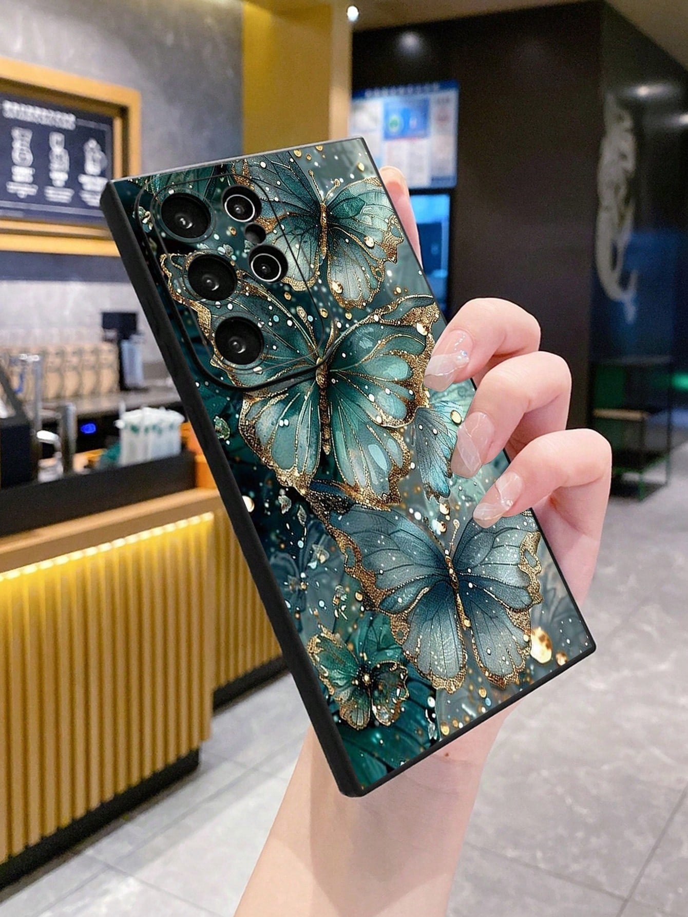 Shockproof Sparkling Rhinestone 1pc Jade Butterfly Design Phone Case Compatible With Apple, Compatible With Galaxy, Compatible With Infinix, Compatible With Redmi, Compatible With OPPO, Compatible Wit