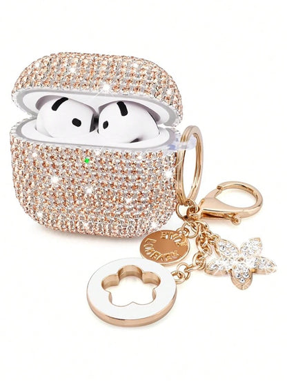 Shockproof Sparkling Sequin Bluetooth Earphone Case 1pc Rhinestone Glittering Star Studded Shiny Hardshell PC Protective Phone Cover With Keychain Compatible With Apple 1/2/3/Pro/Pro 2 Women Spring Bi