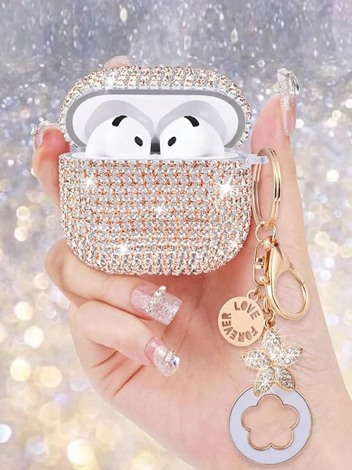 Shockproof Sparkling Sequin Bluetooth Earphone Case 1pc Rhinestone Glittering Star Studded Shiny Hardshell PC Protective Phone Cover With Keychain Compatible With Apple 1/2/3/Pro/Pro 2 Women Spring Bi