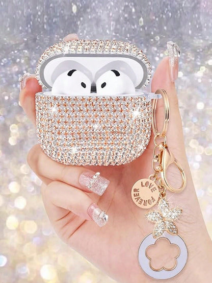 Shockproof Sparkling Sequin Bluetooth Earphone Case 1pc Rhinestone Glittering Star Studded Shiny Hardshell PC Protective Phone Cover With Keychain Compatible With Apple 1/2/3/Pro/Pro 2 Women Spring Bi