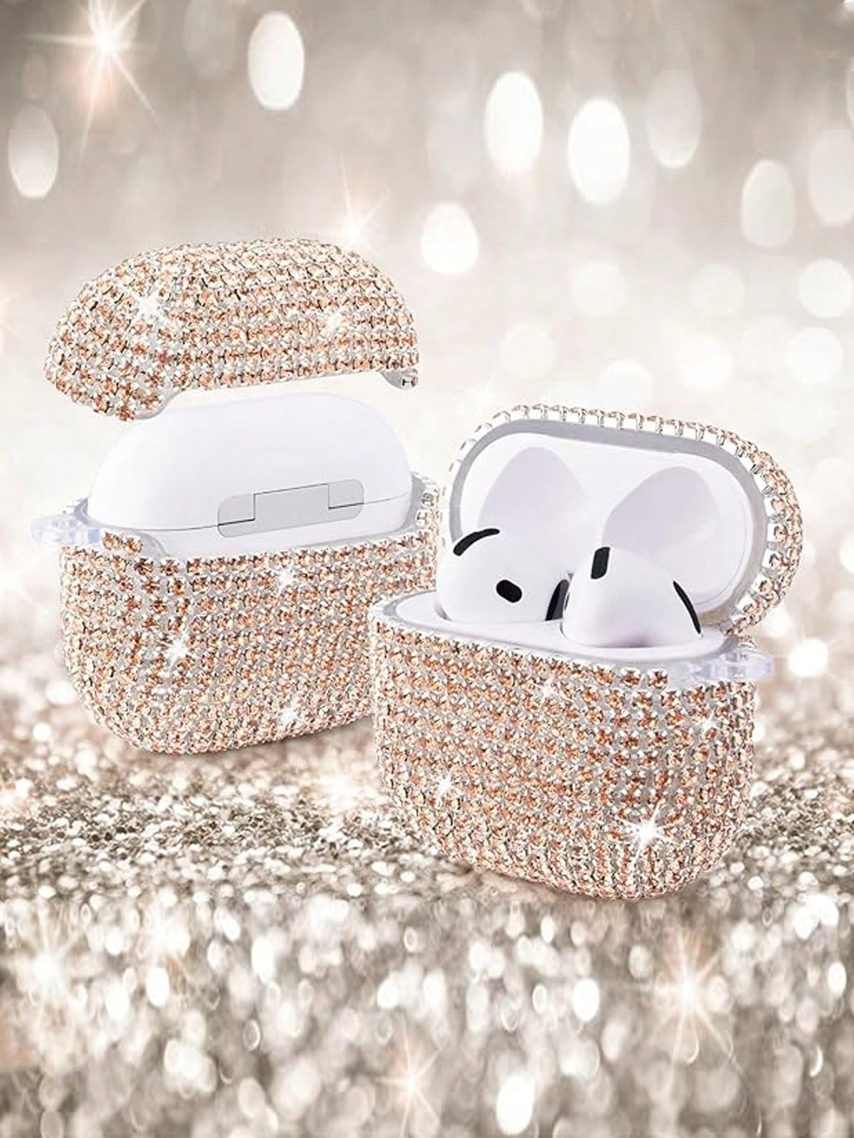 Shockproof Sparkling Sequin Bluetooth Earphone Case 1pc Rhinestone Glittering Star Studded Shiny Hardshell PC Protective Phone Cover With Keychain Compatible With Apple 1/2/3/Pro/Pro 2 Women Spring Bi