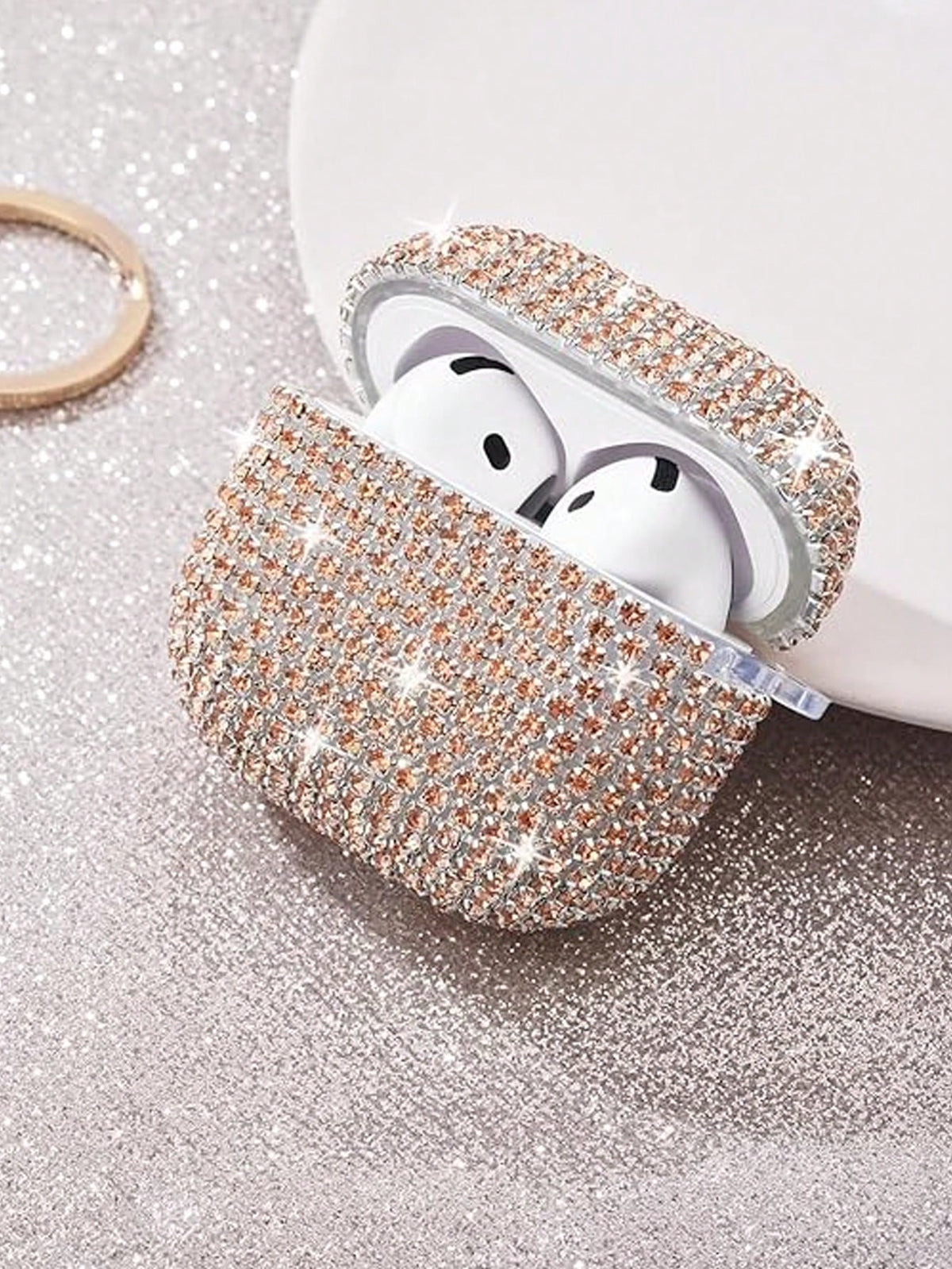 Shockproof Sparkling Sequin Bluetooth Earphone Case 1pc Rhinestone Glittering Star Studded Shiny Hardshell PC Protective Phone Cover With Keychain Compatible With Apple 1/2/3/Pro/Pro 2 Women Spring Bi