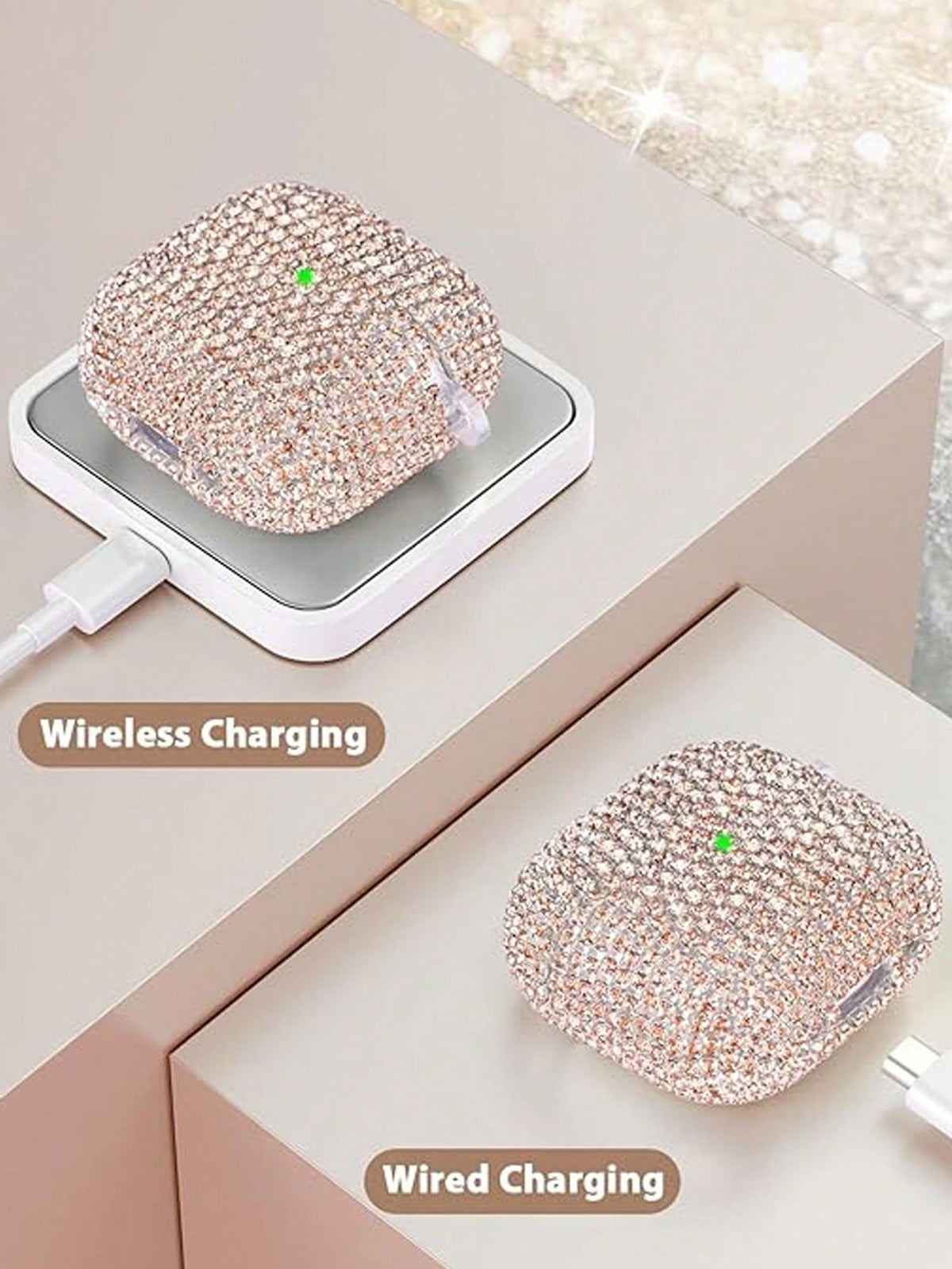 Shockproof Sparkling Sequin Bluetooth Earphone Case 1pc Rhinestone Glittering Star Studded Shiny Hardshell PC Protective Phone Cover With Keychain Compatible With Apple 1/2/3/Pro/Pro 2 Women Spring Bi