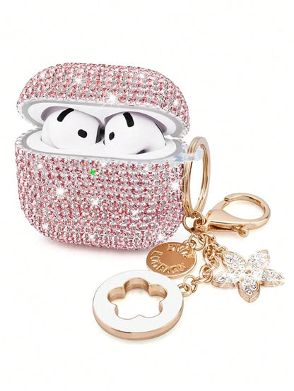 Shockproof Sparkling Sequin Bluetooth Earphone Case 1pc Rhinestone Glittering Star Studded Shiny Hardshell PC Protective Phone Cover With Keychain Compatible With Apple 1/2/3/Pro/Pro 2 Women Spring Bi