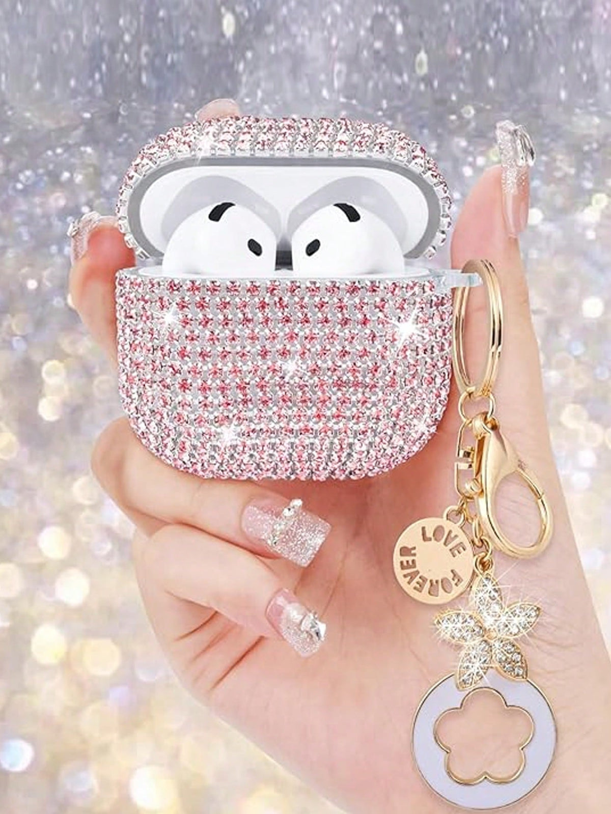 Shockproof Sparkling Sequin Bluetooth Earphone Case 1pc Rhinestone Glittering Star Studded Shiny Hardshell PC Protective Phone Cover With Keychain Compatible With Apple 1/2/3/Pro/Pro 2 Women Spring Bi