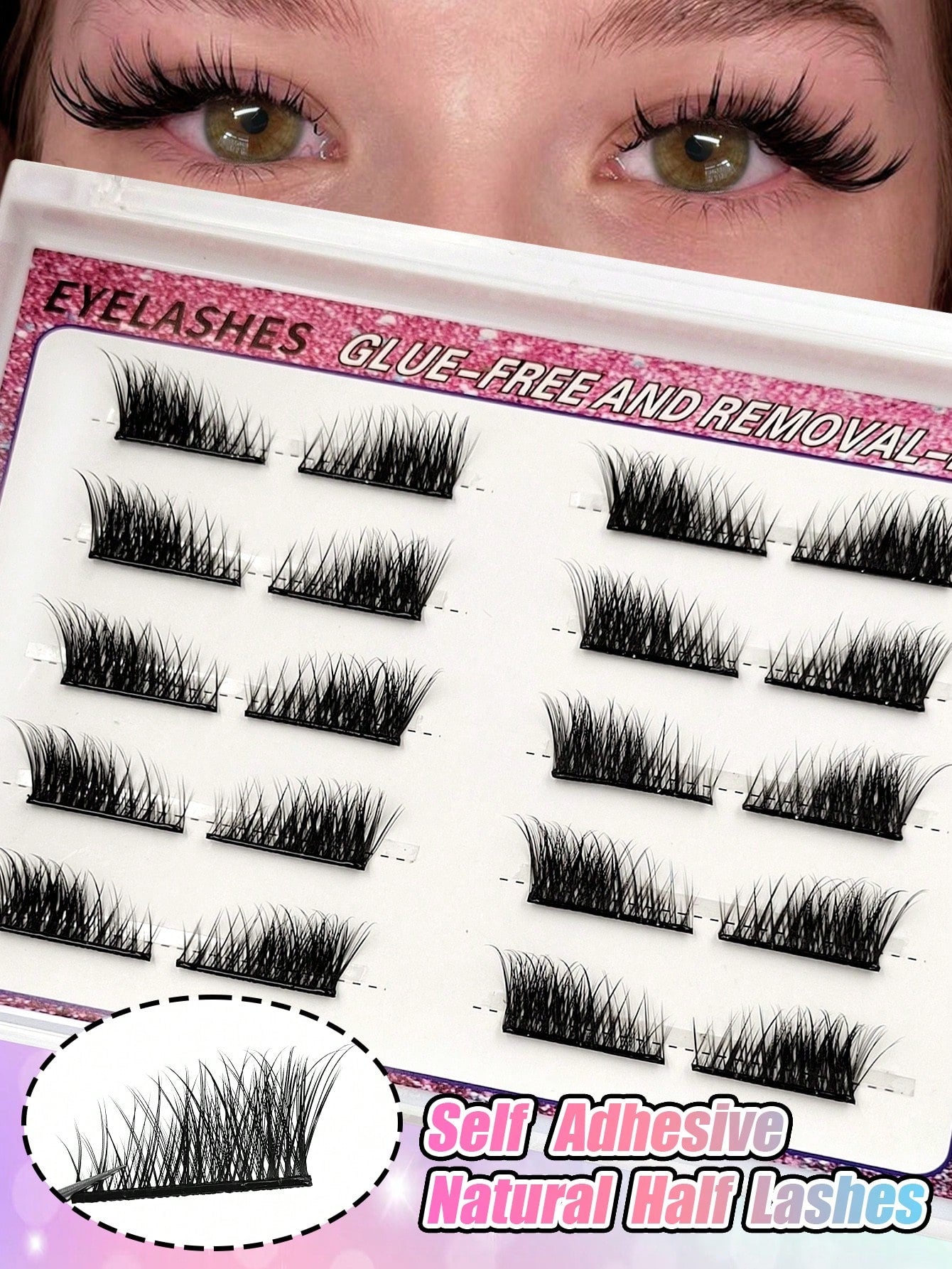 Sibeuna 10 Pairs No Glue And No Remover Needed Half Lashes,Cat-Eye Lashes Natural Self Adhesive Lashes Eye Lashes Pre Glued Eyelashes Reusable Self Adhesive Eyelashes Wispy Lashes Waterproof No Glued