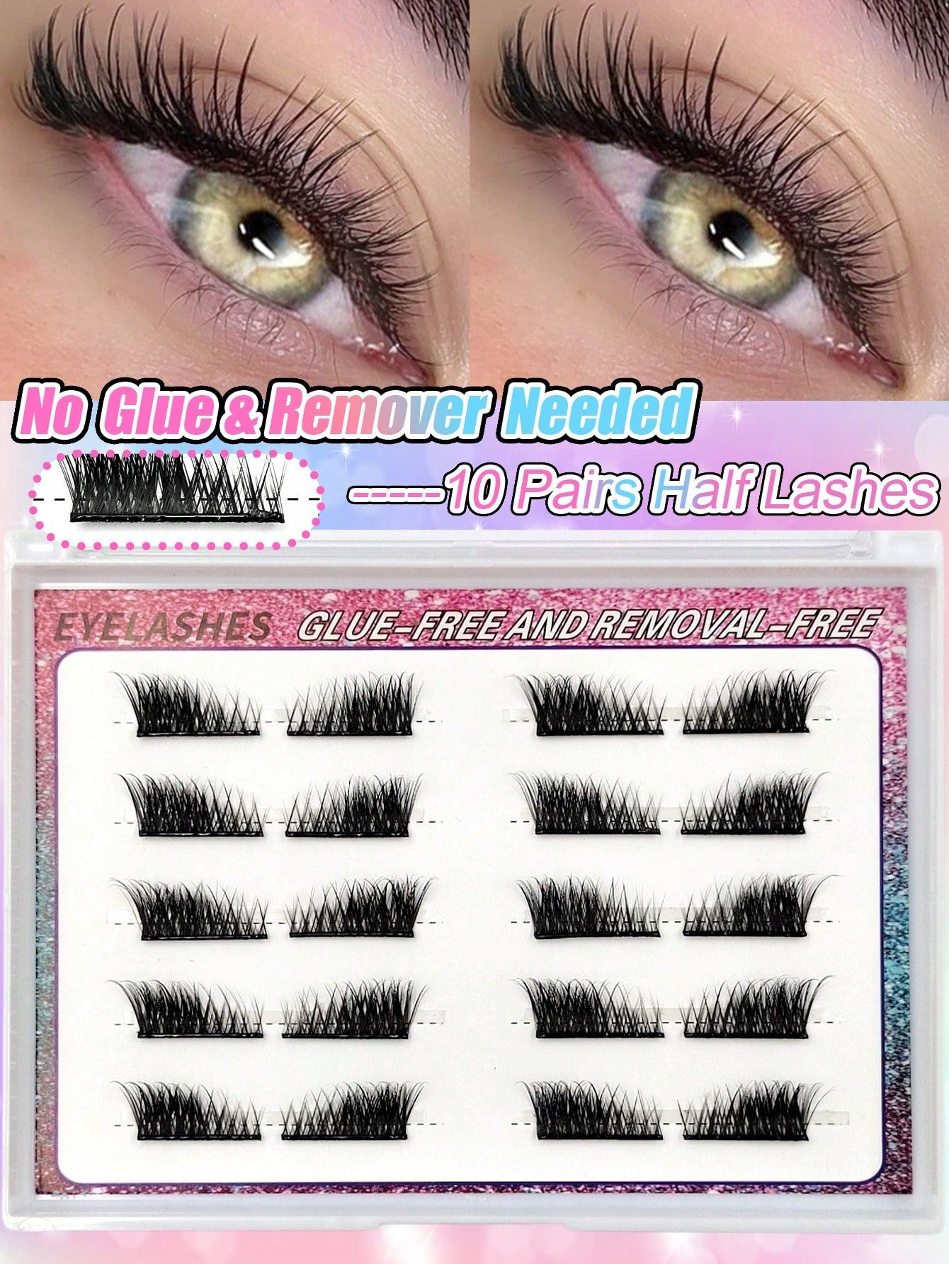 Sibeuna 10 Pairs No Glue And No Remover Needed Half Lashes,Cat-Eye Lashes Natural Self Adhesive Lashes Eye Lashes Pre Glued Eyelashes Reusable Self Adhesive Eyelashes Wispy Lashes Waterproof No Glued