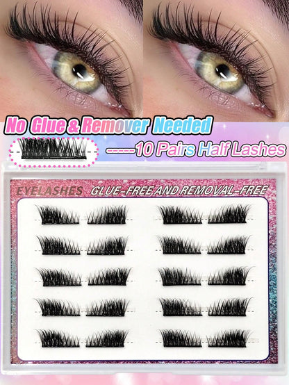 Sibeuna 10 Pairs No Glue And No Remover Needed Half Lashes,Cat-Eye Lashes Natural Self Adhesive Lashes Eye Lashes Pre Glued Eyelashes Reusable Self Adhesive Eyelashes Wispy Lashes Waterproof No Glued