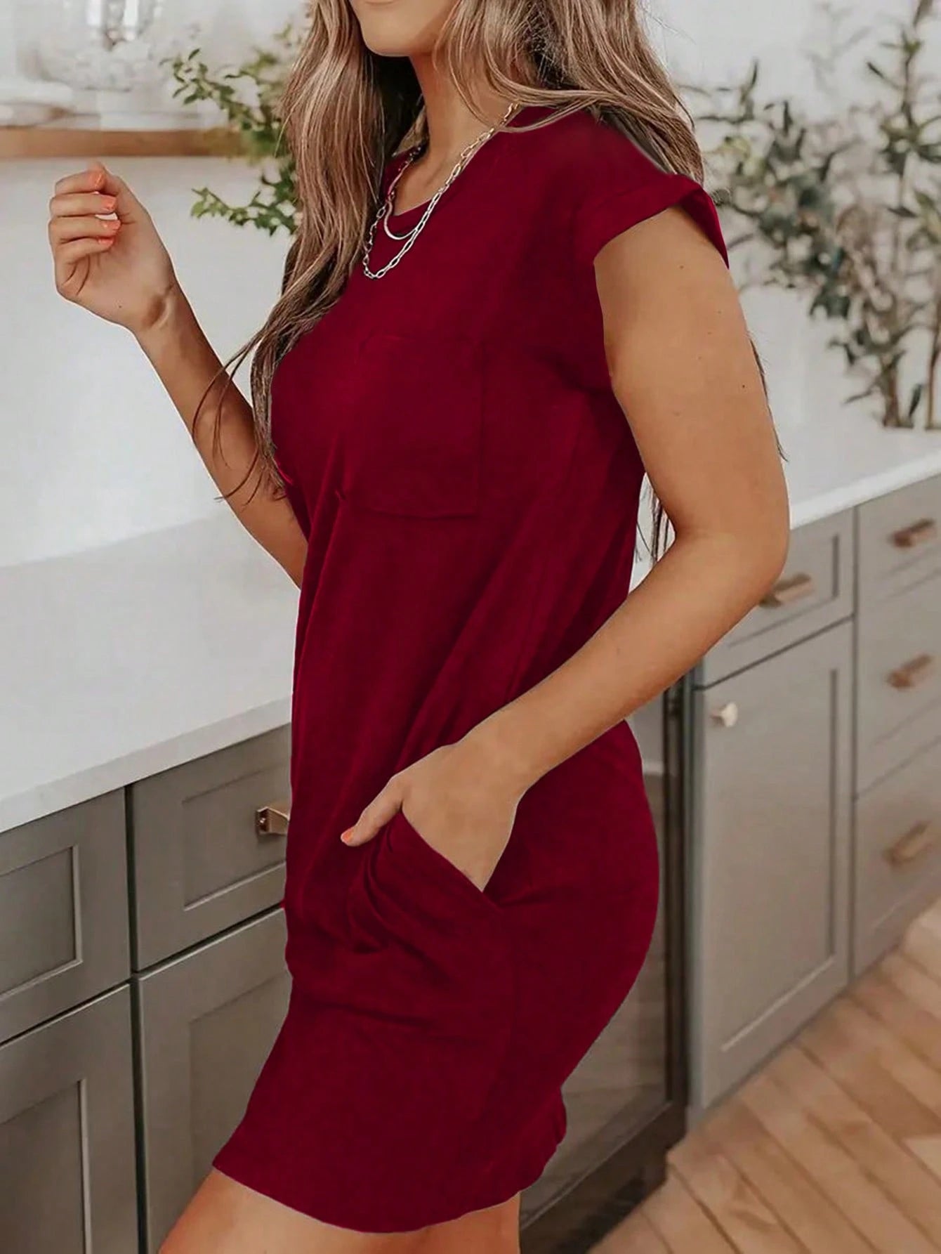 Silhoulove Women's Casual Everyday Commute Solid Color Pocket Dress, Summer