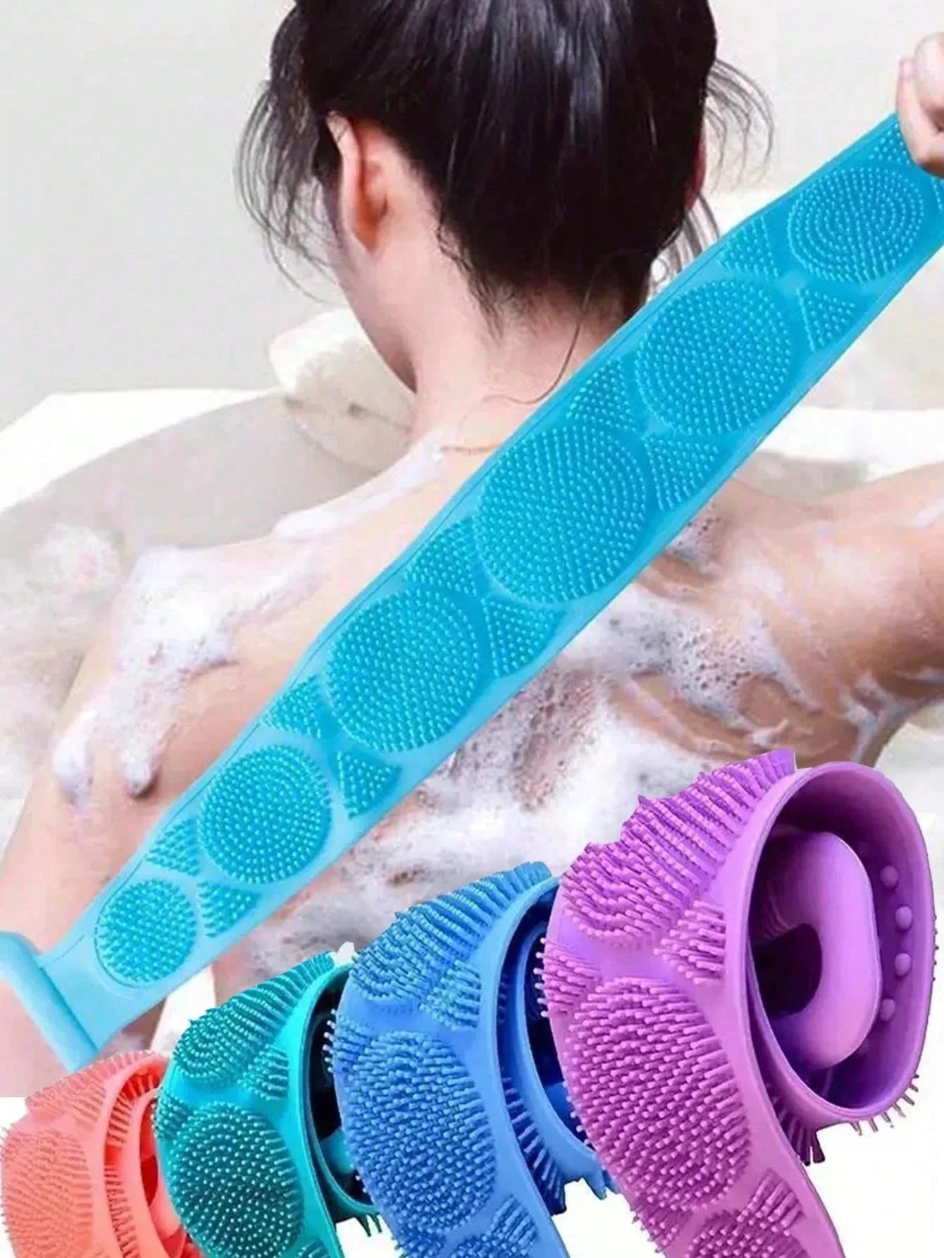 Silicone Body Exfoliating Brush, Shower Scrubber With Extra Long Strap And Handle, Suitable For Back Exfoliation And Body Cleansing, Bathroom Essential, Travel Must-Have