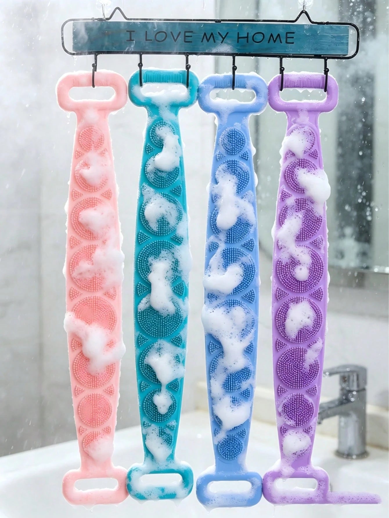 Silicone Body Exfoliating Brush, Shower Scrubber With Extra Long Strap And Handle, Suitable For Back Exfoliation And Body Cleansing, Bathroom Essential, Travel Must-Have