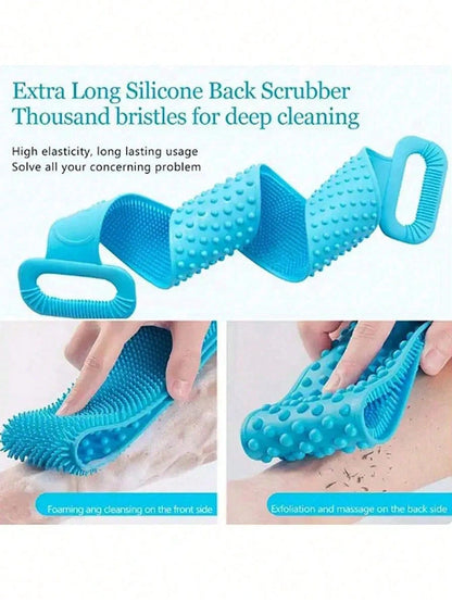 Silicone Body Exfoliating Brush, Shower Scrubber With Extra Long Strap And Handle, Suitable For Back Exfoliation And Body Cleansing, Bathroom Essential, Travel Must-Have
