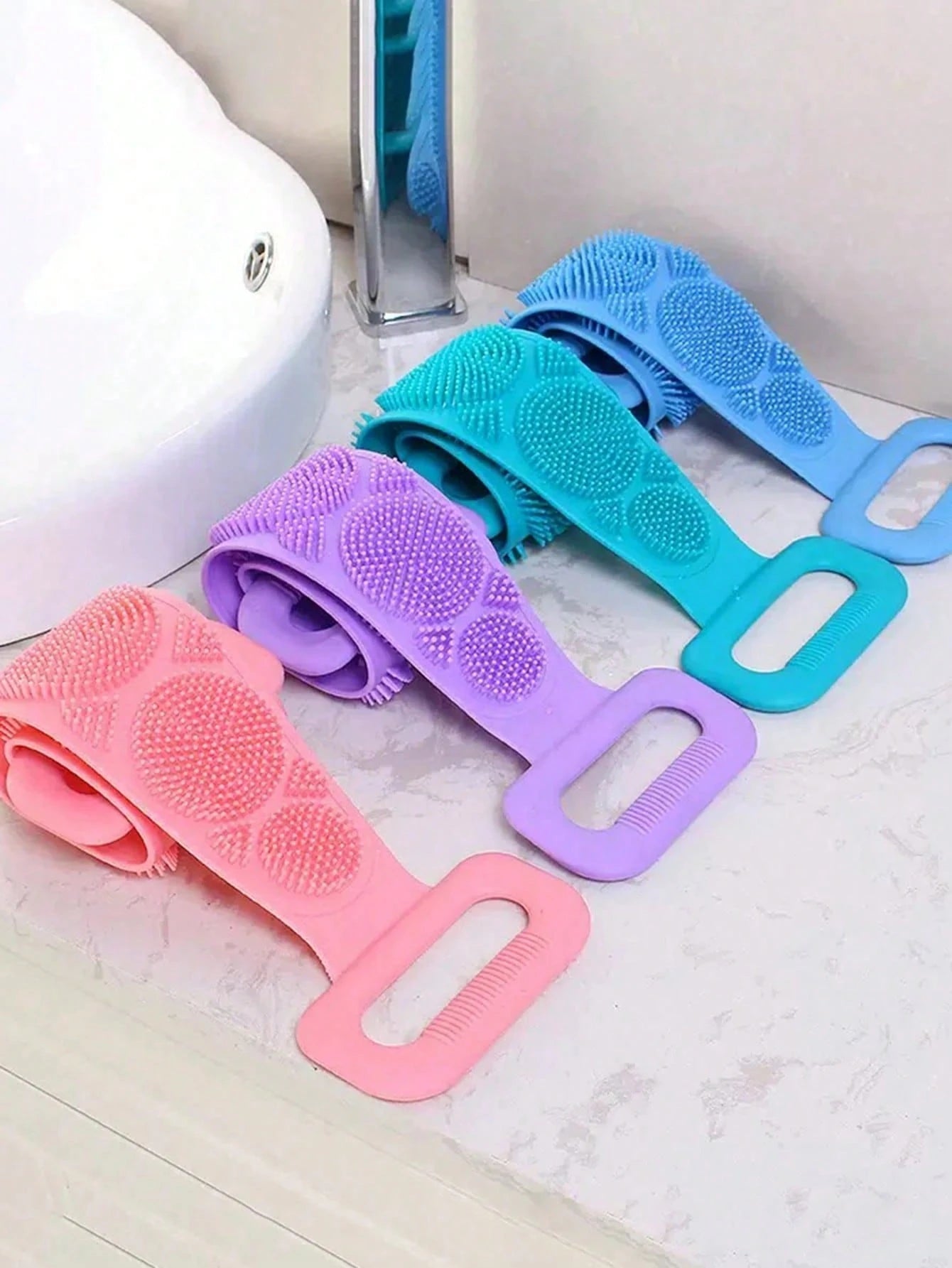 Silicone Body Exfoliating Brush, Shower Scrubber With Extra Long Strap And Handle, Suitable For Back Exfoliation And Body Cleansing, Bathroom Essential, Travel Must-Have
