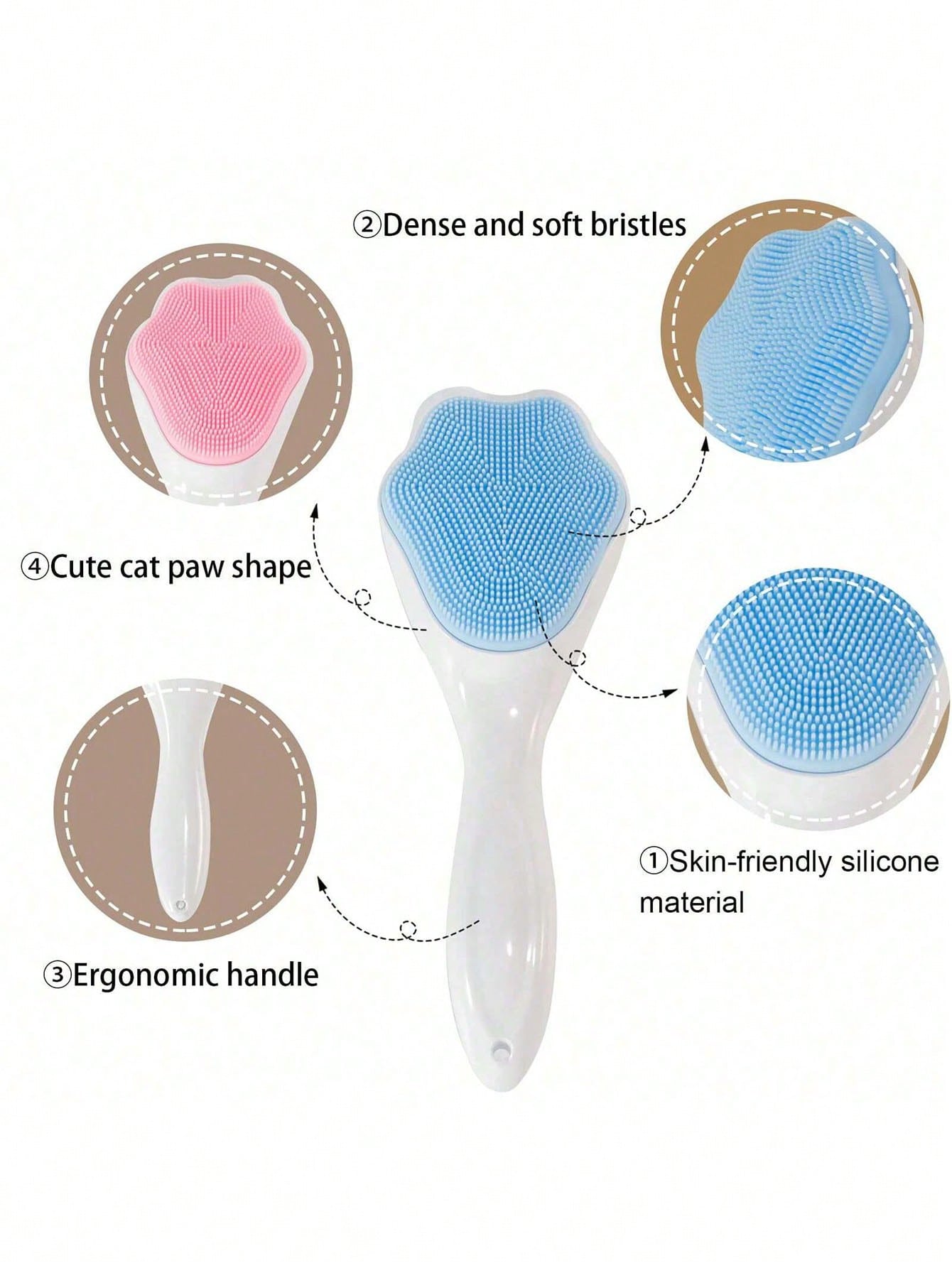 Silicone Facial Cleansing Brush, Manual Handheld Face Scrubber And Blackhead Remover, Soft Bristles Waterproof, For Skincare, Cute Cat Paw Long Handle Wash Face Brush, Face Massage Manual Makeup Remov