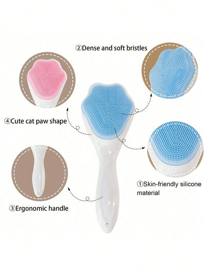 Silicone Facial Cleansing Brush, Manual Handheld Face Scrubber And Blackhead Remover, Soft Bristles Waterproof, For Skincare, Cute Cat Paw Long Handle Wash Face Brush, Face Massage Manual Makeup Remov