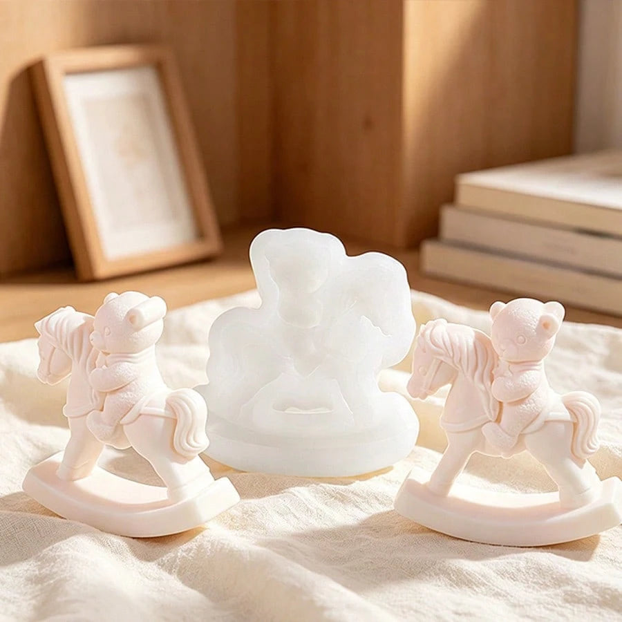 SILIKE LUFEI Rocking Horse Bear Riding Horse Candle Silicone Mold, DIY Aromatherapy Plaster Animal Decor Resin Mold
