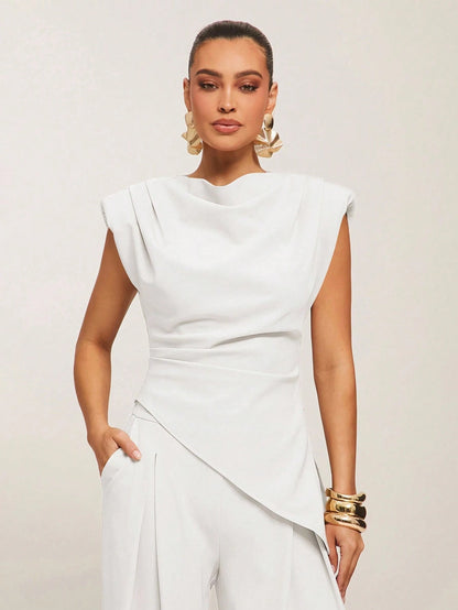 Silquee Women's Casual Commuter Minimalist Solid Color Waist Cinched Asymmetric Hem Blouse White Draped Top White Classy Top