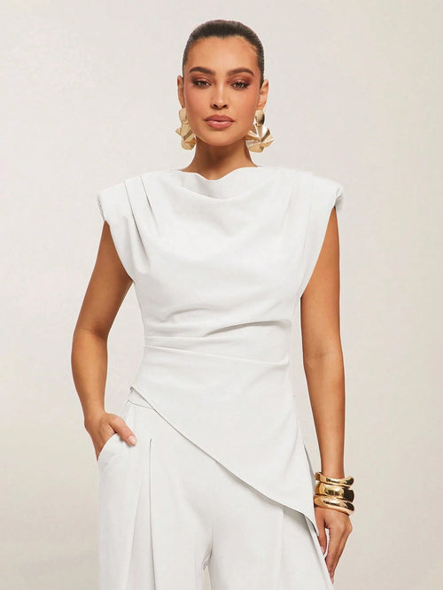 Silquee Women's Casual Commuter Minimalist Solid Color Waist Cinched Asymmetric Hem Blouse White Draped Top White Classy Top