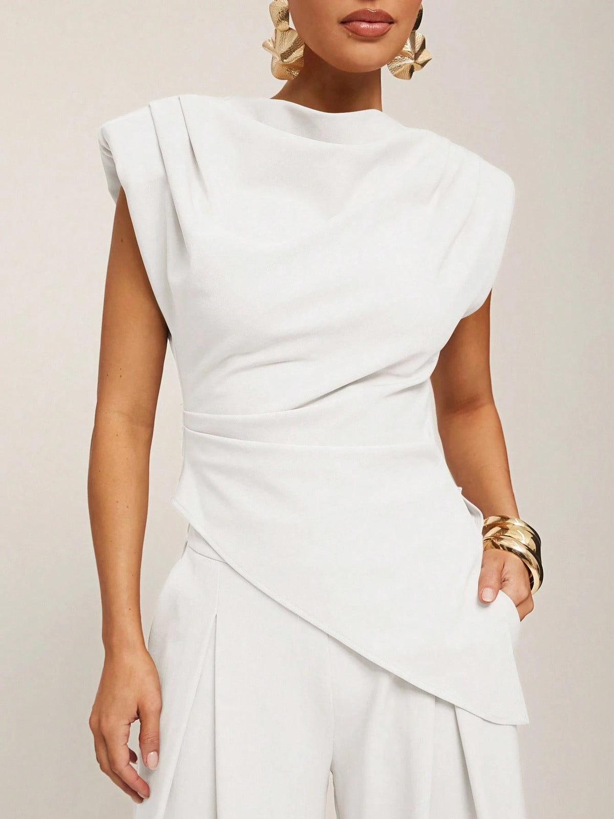 Silquee Women's Casual Commuter Minimalist Solid Color Waist Cinched Asymmetric Hem Blouse White Draped Top White Classy Top