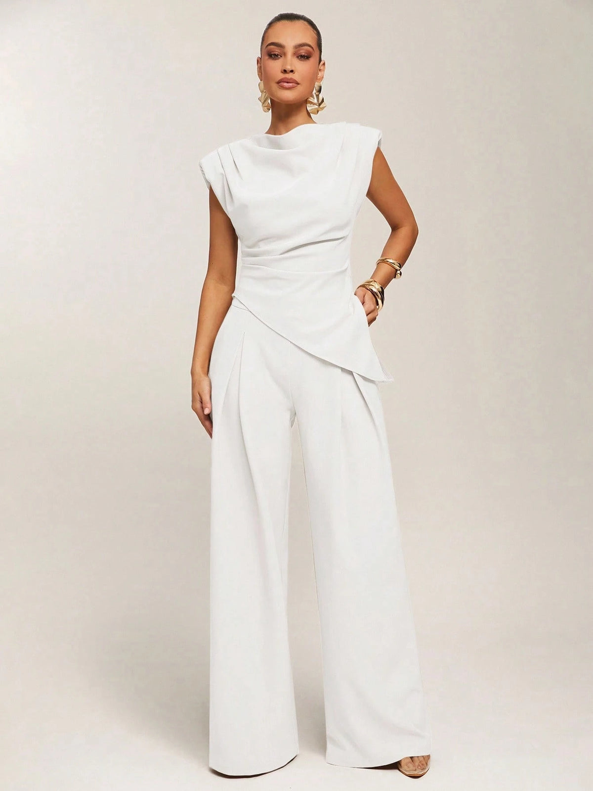 Silquee Women's Casual Commuter Minimalist Solid Color Waist Cinched Asymmetric Hem Blouse White Draped Top White Classy Top
