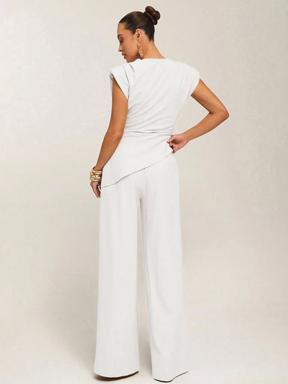Silquee Women's Casual Commuter Minimalist Solid Color Waist Cinched Asymmetric Hem Blouse White Draped Top White Classy Top