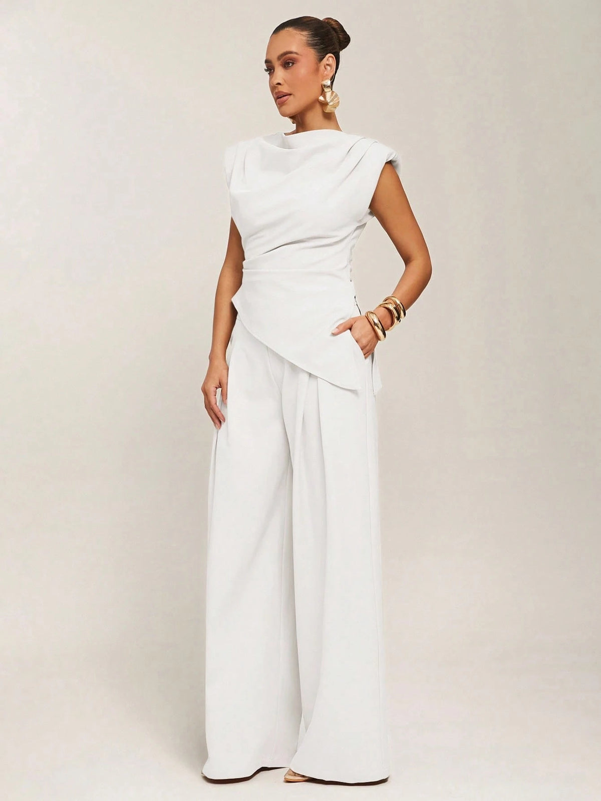 Silquee Women's Casual Commuter Minimalist Solid Color Waist Cinched Asymmetric Hem Blouse White Draped Top White Classy Top