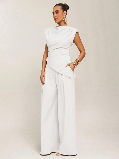 Silquee Women's Casual Commuter Minimalist Solid Color Waist Cinched Asymmetric Hem Blouse White Draped Top White Classy Top